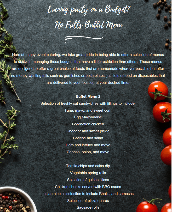 Buffet Menus - In Any Event Catering